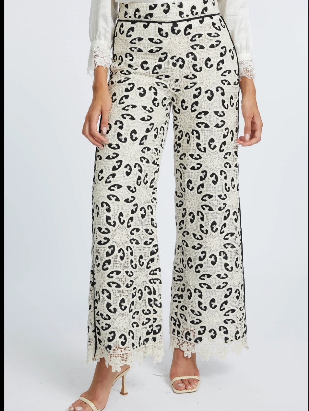 Crochet Wide-Leg Pants in Black & Cream